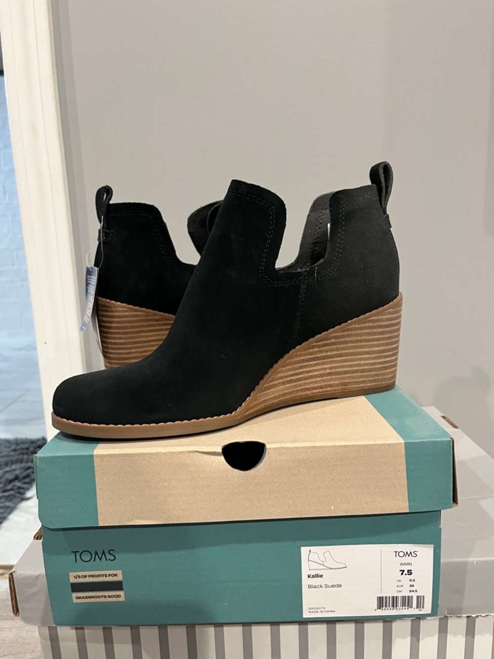 TOMS Kallie Black Suede Wedge Booties with Stacked Heel